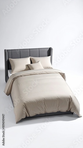 Bed with gray headboard and tan duvet set against white