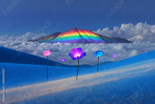 Tree crystal fantasy with iridescent rainbow gemstones and glowing leaves, floating on rock island above clouds in blue sky, magical surreal 3D render background