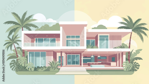 Sunny modern pink villa with palm trees and tropical landscaping by a stylish entryway.