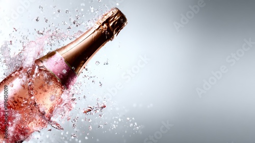 A champagne bottle bursts open, creating a spectacular splash of sparkling liquid, symbolizing celebration, joy, and luxury perfect for festive occasions and special moments.