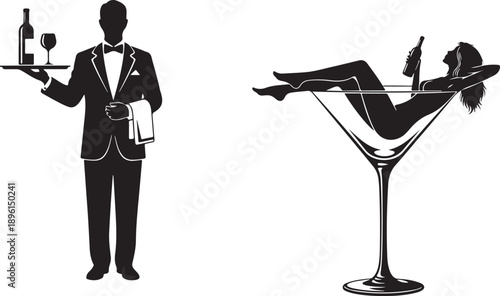 A stylized illustration of a waiter and a woman in a martini glass