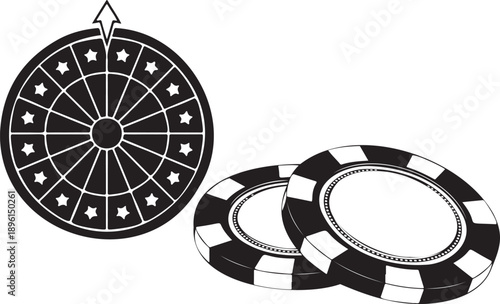 Black and white illustration of a dartboard and casino chips