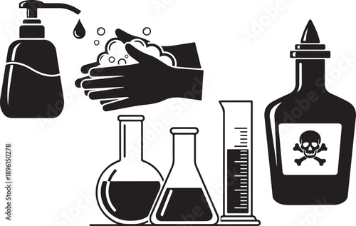 Black and white illustration depicting handwashing soap, laboratory glassware and hazardous materials