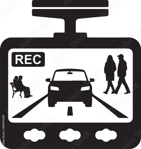 Dashcam displaying a road scene with pedestrians and vehicles