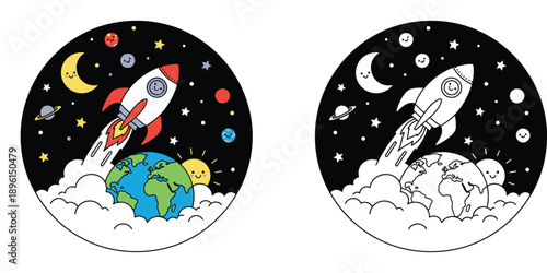 Space Rocket Launch from Earth to Moon and Stars, Cute Cartoon Illustration with Black and White Coloring Page Version, Kids Educational Space Exploration Vector Design