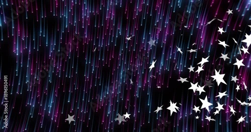 Right-edge emitter releasing white stars rotating, pulsing, scattering, accenting neon streak field