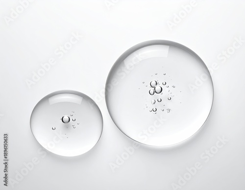 Two clear droplets with bubbles on a white surface