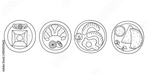 Hand-drawn doodle set of dishes on a white background. Khachapuri, croissant with orange, fried egg with sausages, chebureks.