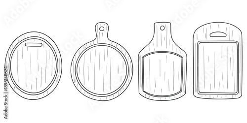 Hand-drawn doodle set of wooden cutting boards on a white background.