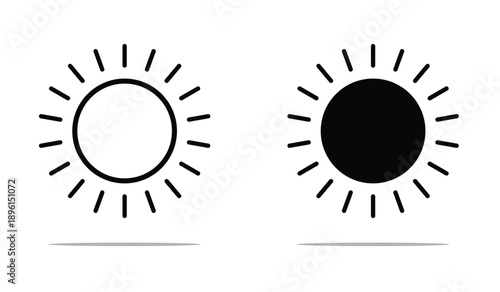 Sun icon set black outline and solid. Minimal weather symbol design. Flat vector sun illustration.