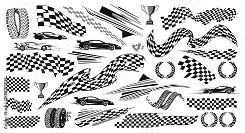 Set of racing checkered flags and car elements vector