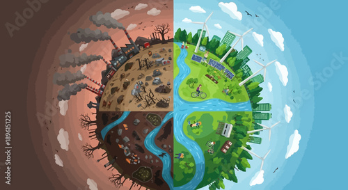 Split Earth Illustration: Sustainable Environment Concept
