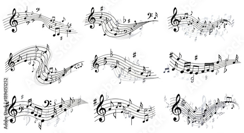 Set of 12 music notes and symbols vector illustrations