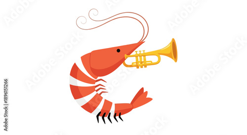 Shrimp playing a trumpet, cartoon crustacean musician