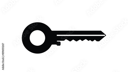 Black key icon with serrated edge on white background symbolizing security and access