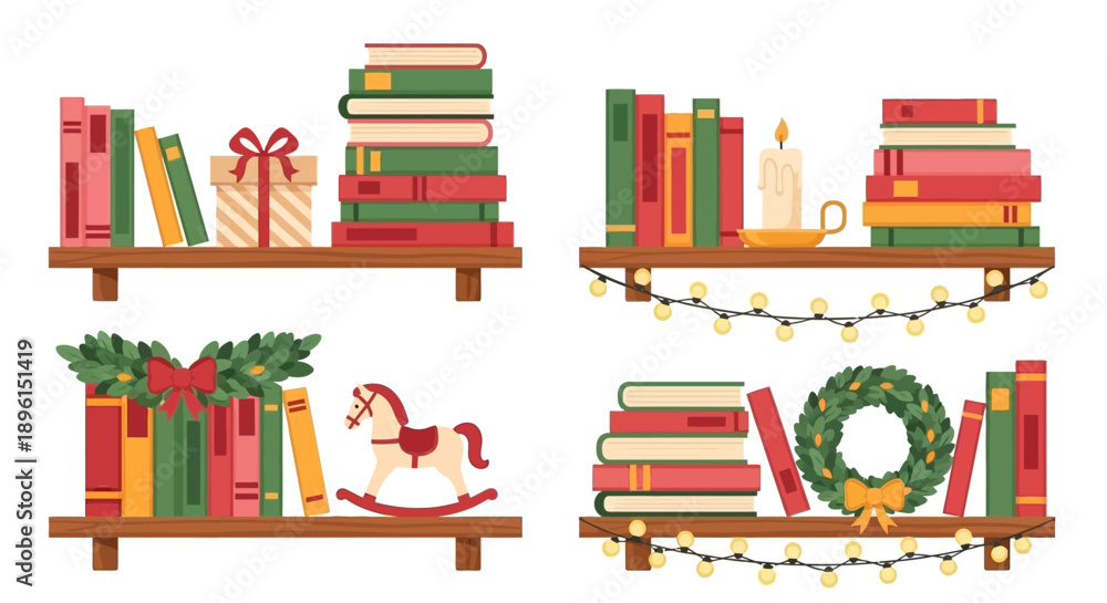 Fototapeta premium Vector illustration of Christmas bookshelves with decorations