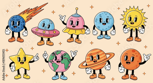 Set of 8 cartoon celestial body characters vector