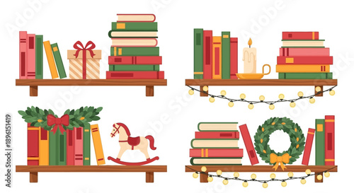 Vector illustration of Christmas bookshelves with decorations