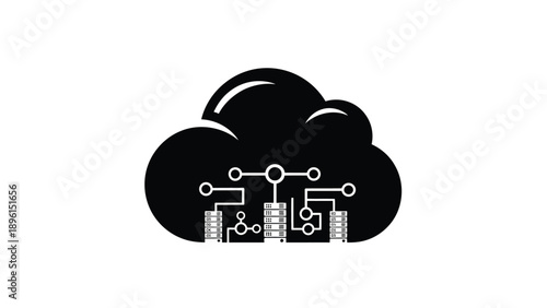 Cloud computing concept with server farm and network connections in black and white