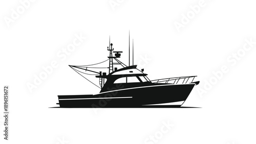Fishing boat silhouette with cabin and rigging equipment on calm water surface