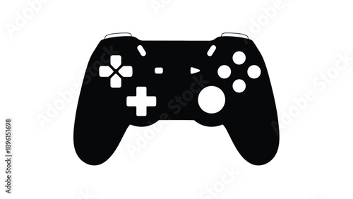 Black video game controller silhouette with white buttons on plain background for gaming design
