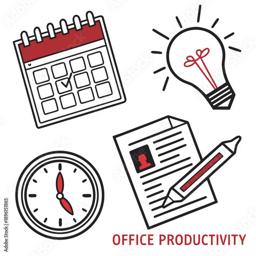 Office productivity icons including calendar clock light bulb and document with pencil