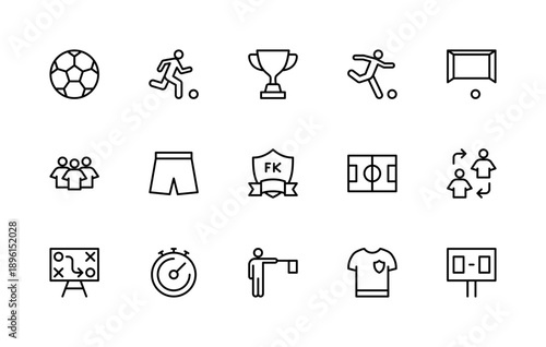 Football related vector linear icons set. Isolated icon collection such as ball; player, cup, trophy, gate, uniform, shirt, shorts, strategy, player substitution, soccer, emblem, field and more.