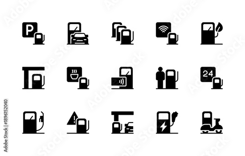 Petrol station related vector silhouette icons set. Isolated icon collection such as parking, motorcycle, refueling, coffee, cash register and more.