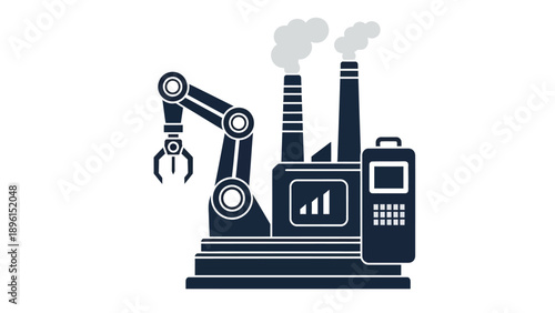 Industrial robotic arm with smokestacks and control panel symbolizing automation and manufacturing technology
