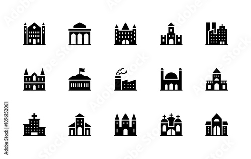 Building and structures vector silhouette icons. Isolated icon collection of buildings church, alcove, castle, school, factory, villa, city and more.