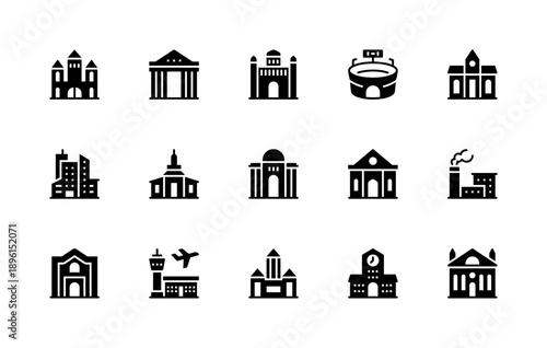 Building and structures vector silhouette icons. Isolated icon collection of buildings church, stadium, chapel, mosque, airport, factory and more.