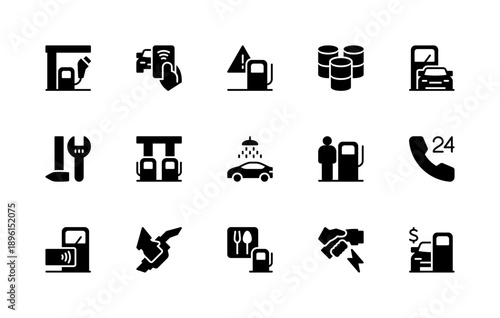 Petrol station related vector silhouette icons set. Isolated icon collection such as maintenance, wash, gas station, petrol pump and more.