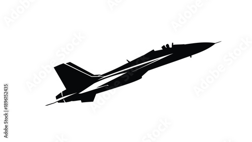 Silhouette of a black fighter jet soaring through the air with white background