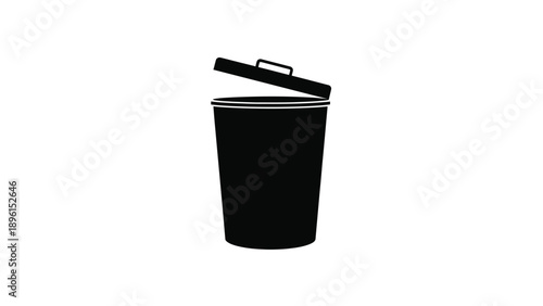Black trash can with lid open on white background symbolizing waste management and disposal