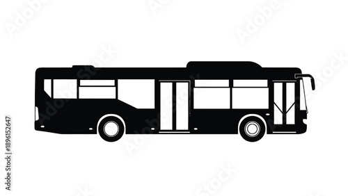 Black silhouette of a modern city bus against a white background side view with detailed wheels and windows