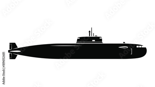 Black submarine silhouette with conning tower and propellers on white background for design and military concepts