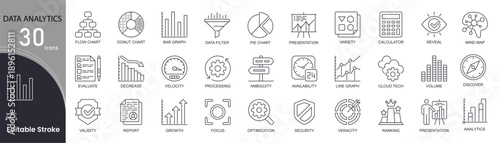 Data analytics concept simple line icons set. Bundle of search, mining filter, pie chart, presentation, database, calculator and other. Editable stroke. Outline icons.