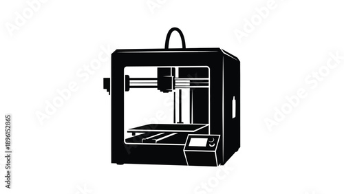 3d printer machine in black color with white outline on plain background for manufacturing and technology concepts