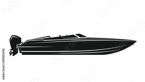Black speedboat with white outlines on a plain background motor visible sleek design
