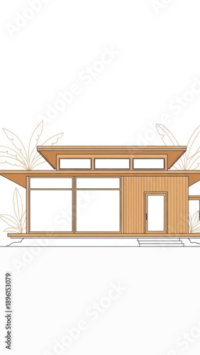 Modern wooden pavilion with large glass walls and a flat-roofed facade in a serene setting.