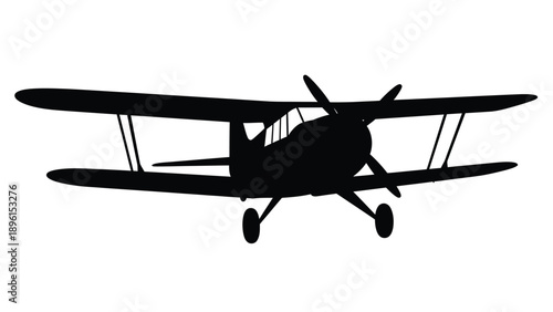 Vintage biplane silhouette flying through clear sky with white background