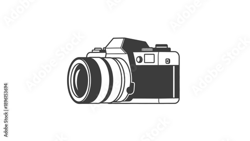 Black and white illustration of a digital camera with lens on a plain background
