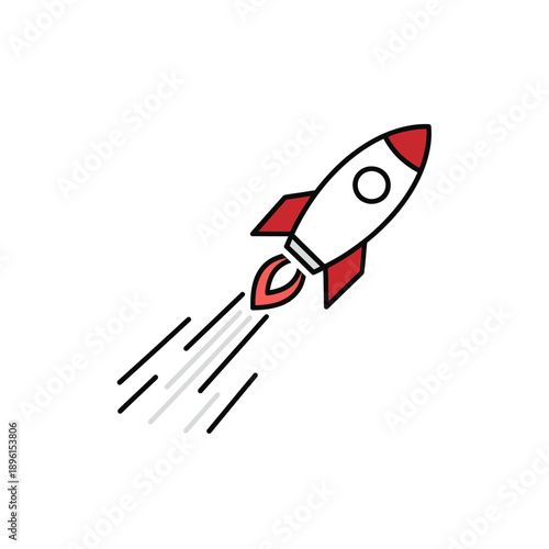 Cartoon rocket ship launching with red fins and white body, leaving a trail of smoke.
