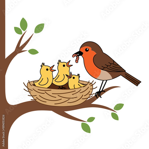 Robin feeding chicks worm in nest on tree branch, cartoon illustration