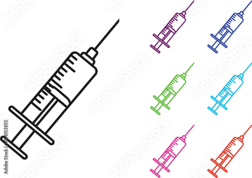 Set of colorful medical syringe vector icons for healthcare hospital vaccination medicine injection and scientific laboratory research design.