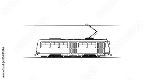 Side view of a modern tram or trolleybus with overhead wires on a white background public transportation concept