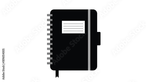 Black spiral bound notebook with white paper and elastic closure on plain background