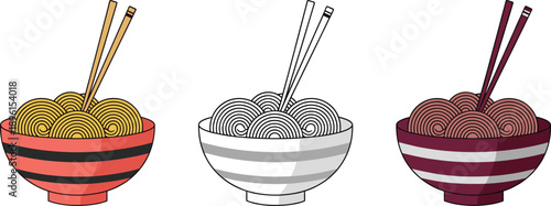 Set of three delicious ramen noodle bowl vector illustrations with chopsticks for Asian food restaurant menu and culinary design.