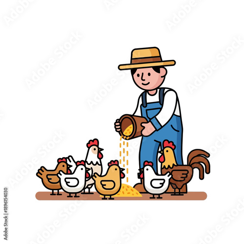 Farmer feeding chickens with grain from a bucket, cartoon illustration