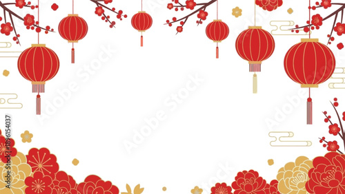 Red Chinese New Year Decorations with Lanterns and Flowers for Celebration Background